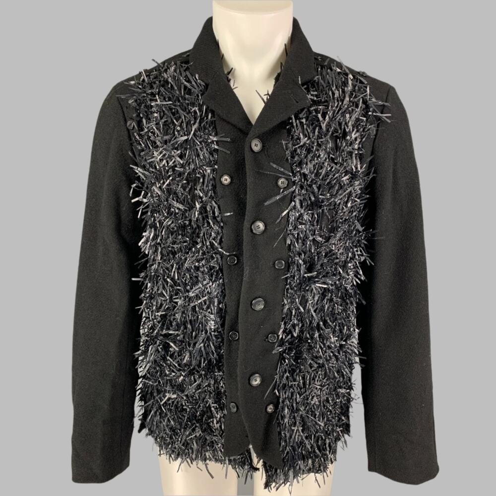 WALTER VAN BEIRENDONCK  Black Metallic Textured Wool Boxy Frame Blazer